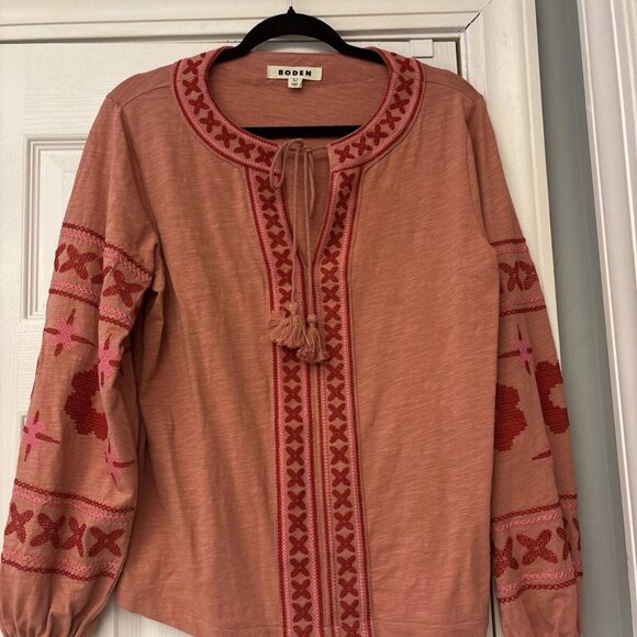 Boden Diana Embroidered Tunic Top Red Pink Long Sleeve Tie Neck Size US Sz 6 - Picture 6 of 11